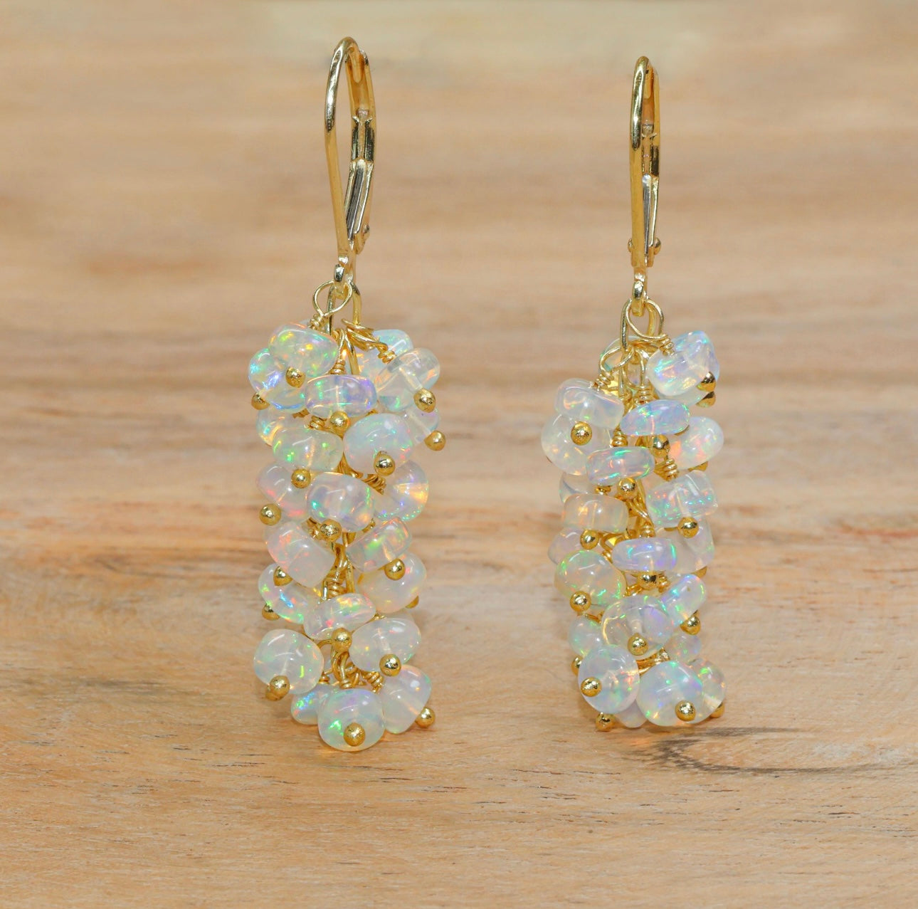 Natural Fire Ethiopian Opal Beaded Cluster Earrings – 925 Silver or Gold Filled – Handmade Dangle Earrings – October Birthstone – Gift for Her