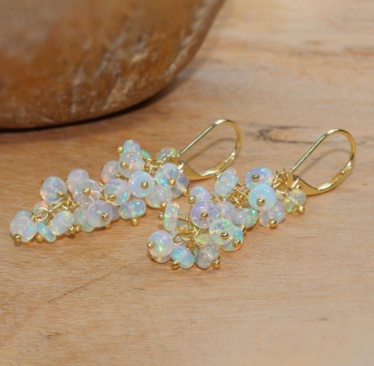 Natural Fire Ethiopian Opal Beaded Cluster Earrings – 925 Silver or Gold Filled – Handmade Dangle Earrings – October Birthstone – Gift for Her