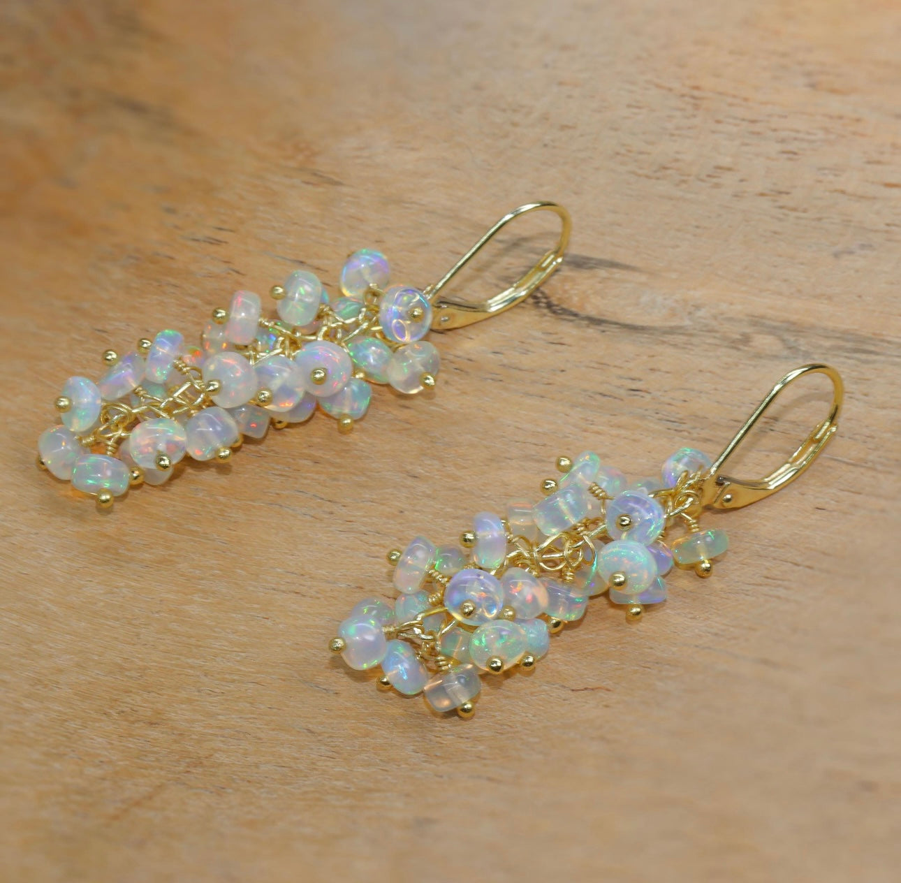 Natural Fire Ethiopian Opal Beaded Cluster Earrings – 925 Silver or Gold Filled – Handmade Dangle Earrings – October Birthstone – Gift for Her
