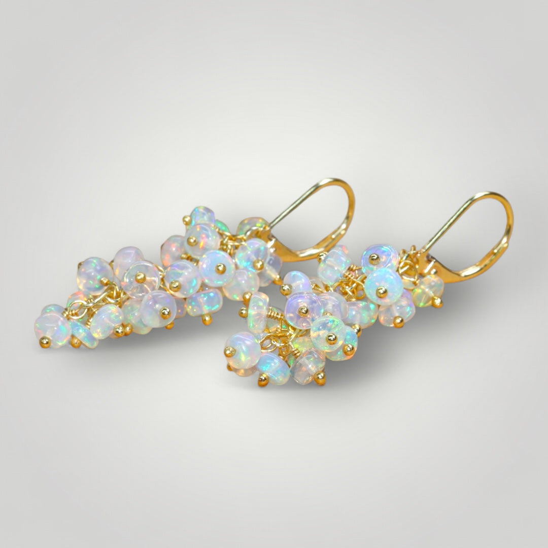 Natural Fire Ethiopian Opal Beaded Cluster Earrings – 925 Silver or Gold Filled – Handmade Dangle Earrings – October Birthstone – Gift for Her