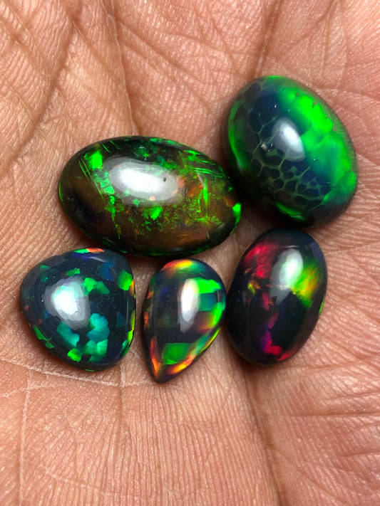 🔥 AAA Black Ethiopian Opal Cabochon Lot - 20 Carats Total (5 Pieces) - Intense Play-of-Color!