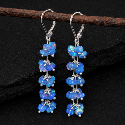 Blue Ethiopian Opal Beaded Cluster Earrings – Natural Welo Opal Dangle Earrings, October Birthstone Jewelry for Women