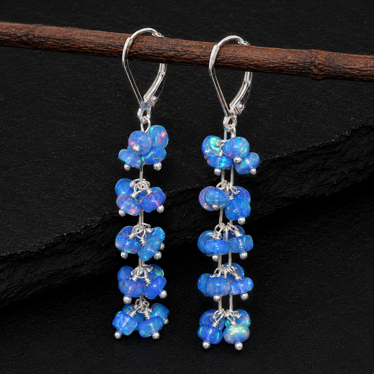 Blue Ethiopian Opal Beaded Cluster Earrings – Natural Welo Opal Dangle Earrings, October Birthstone Jewelry for Women