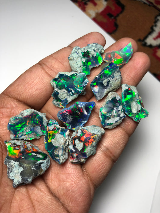 Our Favorite! Large Premium Black Ethiopian Opal Rough Lot – 10 Pieces / 100 Carats – Ready for Cutting & Jewelry!