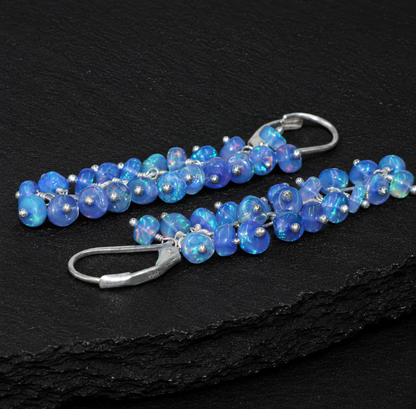 Blue Ethiopian Opal Beaded Cluster Earrings – Natural Welo Opal Dangle Earrings, October Birthstone Jewelry for Women
