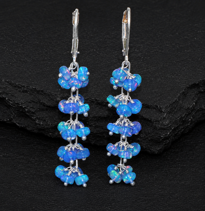 Blue Ethiopian Opal Beaded Cluster Earrings – Natural Welo Opal Dangle Earrings, October Birthstone Jewelry for Women