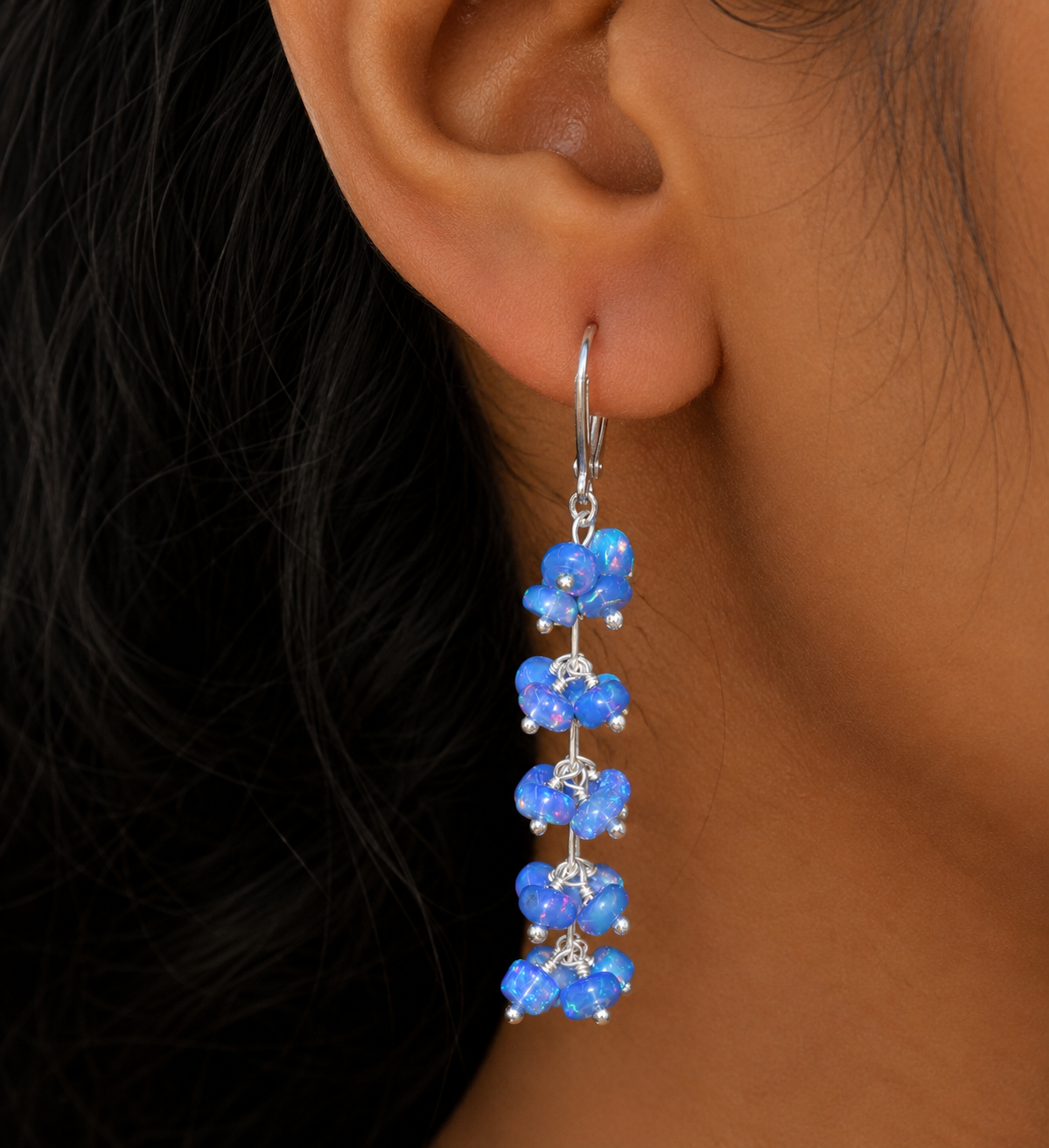 Blue Ethiopian Opal Beaded Cluster Earrings – Natural Welo Opal Dangle Earrings, October Birthstone Jewelry for Women