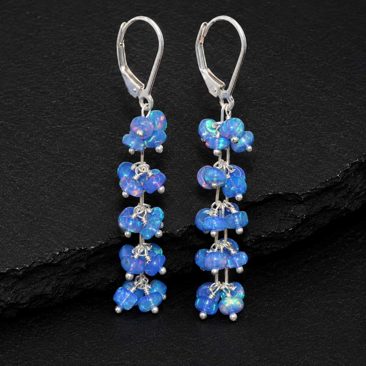 Blue Ethiopian Opal Beaded Cluster Earrings – Natural Welo Opal Dangle Earrings, October Birthstone Jewelry for Women