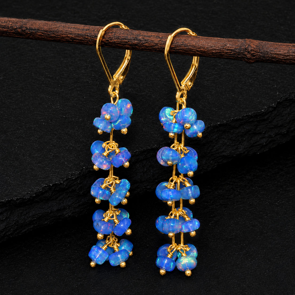 Blue Ethiopian Opal Beaded Cluster Earrings – Natural Welo Opal Dangle Earrings, October Birthstone Jewelry for Women