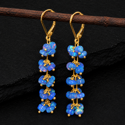Blue Ethiopian Opal Beaded Cluster Earrings – Natural Welo Opal Dangle Earrings, October Birthstone Jewelry for Women