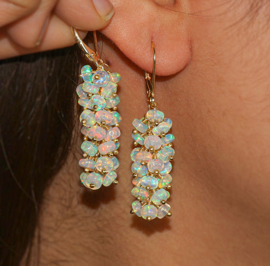 Natural Fire Ethiopian Opal Beaded Cluster Earrings – 925 Silver or Gold Filled – Handmade Dangle Earrings – October Birthstone – Gift for Her