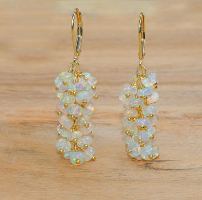 Natural Fire Ethiopian Opal Beaded Cluster Earrings – 925 Silver or Gold Filled – Handmade Dangle Earrings – October Birthstone – Gift for Her