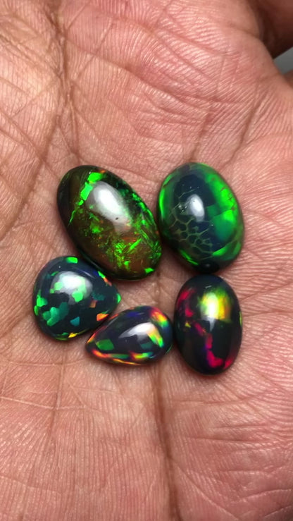 🔥 AAA Black Ethiopian Opal Cabochon Lot - 20 Carats Total (5 Pieces) - Intense Play-of-Color!